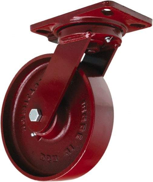 Hamilton - 8" Diam x 2" Wide x 9-3/4" OAH Top Plate Mount Swivel Caster - Cast Iron, 1,500 Lb Capacity, Sealed Precision Ball Bearing, 4-1/2 x 6-1/2" Plate - Benchmark Tooling