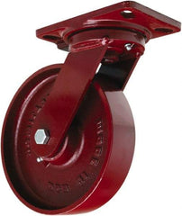 Hamilton - 8" Diam x 2" Wide x 9-3/4" OAH Top Plate Mount Swivel Caster - Cast Iron, 1,500 Lb Capacity, Sealed Precision Ball Bearing, 4-1/2 x 6-1/2" Plate - Benchmark Tooling