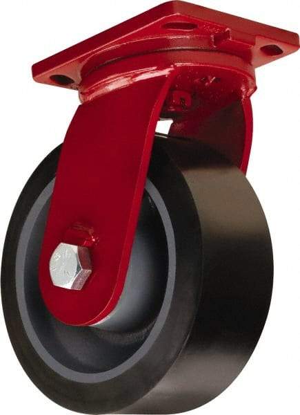 Hamilton - 10" Diam x 4" Wide x 12-1/2" OAH Top Plate Mount Swivel Caster - Polyurethane Mold on Forged Steel, 6,500 Lb Capacity, Tapered Roller Bearing, 6-1/2 x 7-1/2" Plate - Benchmark Tooling