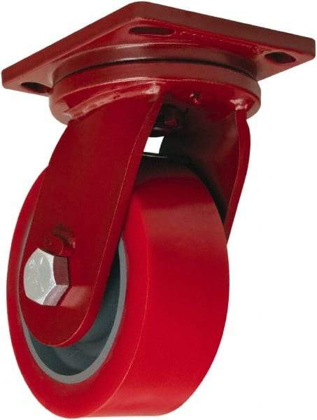 Hamilton - 8" Diam x 3" Wide x 10-1/2" OAH Top Plate Mount Swivel Caster - Polyurethane, 4,200 Lb Capacity, Sealed Precision Ball Bearing, 6-1/2 x 7-1/2" Plate - Benchmark Tooling