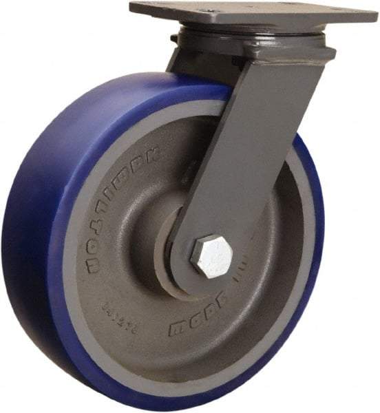 Hamilton - 10" Diam x 3" Wide x 12-1/16" OAH Top Plate Mount Swivel Caster - Polyurethane Mold onto Cast Iron Center, 2,400 Lb Capacity, Tapered Roller Bearing, 4-1/2 x 6-1/2" Plate - Benchmark Tooling