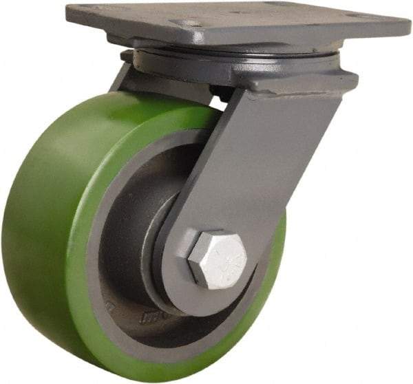 Hamilton - 6" Diam x 2-1/2" Wide x 7-3/4" OAH Top Plate Mount Swivel Caster - Polyurethane Mold onto Cast Iron Center, 1,600 Lb Capacity, Tapered Roller Bearing, 4-1/2 x 6-1/2" Plate - Benchmark Tooling