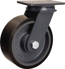 Hamilton - 8" Diam x 3" Wide x 10-1/4" OAH Top Plate Mount Swivel Caster - Polyurethane Mold onto Cast Iron Center, 2,400 Lb Capacity, Tapered Roller Bearing, 4-1/2 x 6-1/2" Plate - Benchmark Tooling