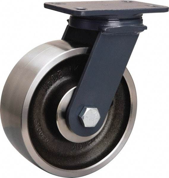 Hamilton - 8" Diam x 3" Wide x 10-1/4" OAH Top Plate Mount Swivel Caster - Forged Steel, 2,400 Lb Capacity, Tapered Roller Bearing, 4-1/2 x 6-1/2" Plate - Benchmark Tooling