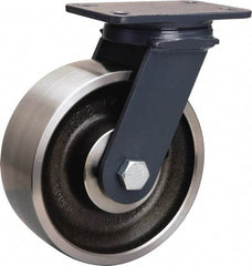 Hamilton - 8" Diam x 3" Wide x 10-1/4" OAH Top Plate Mount Swivel Caster - Forged Steel, 2,400 Lb Capacity, Sealed Precision Ball Bearing, 4-1/2 x 6-1/2" Plate - Benchmark Tooling