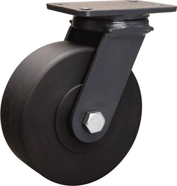 Hamilton - 8" Diam x 3" Wide x 10-1/4" OAH Top Plate Mount Swivel Caster - Nylon, 2,400 Lb Capacity, Sealed Precision Ball Bearing, 4-1/2 x 6-1/2" Plate - Benchmark Tooling