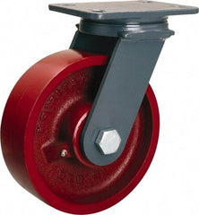 Hamilton - 8" Diam x 2-1/2" Wide x 10-1/4" OAH Top Plate Mount Swivel Caster - Cast Iron, 2,400 Lb Capacity, Tapered Roller Bearing, 4-1/2 x 6-1/2" Plate - Benchmark Tooling