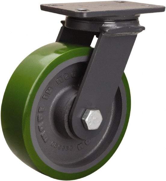 Hamilton - 8" Diam x 2-1/2" Wide x 10-1/4" OAH Top Plate Mount Swivel Caster - Polyurethane Mold onto Cast Iron Center, 2,000 Lb Capacity, Tapered Roller Bearing, 4-1/2 x 6-1/2" Plate - Benchmark Tooling