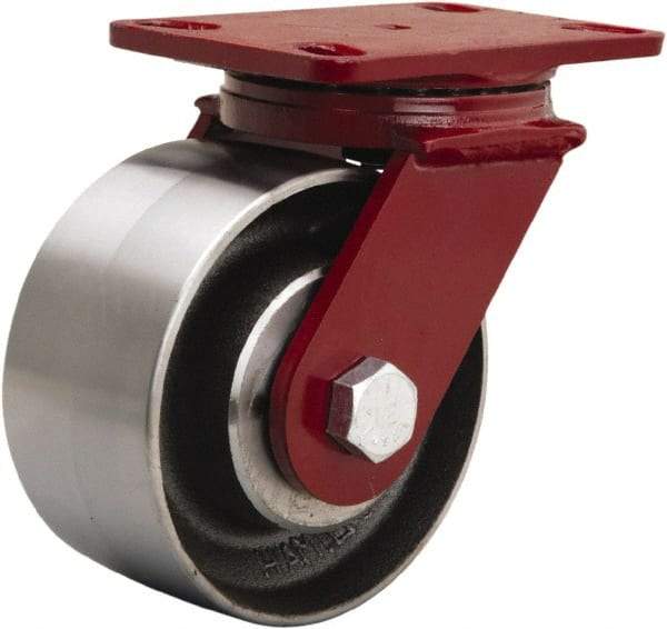 Hamilton - 6" Diam x 3" Wide x 7-1/2" OAH Top Plate Mount Swivel Caster - Forged Steel, 2,200 Lb Capacity, Sealed Precision Ball Bearing, 4-1/2 x 6-1/2" Plate - Benchmark Tooling