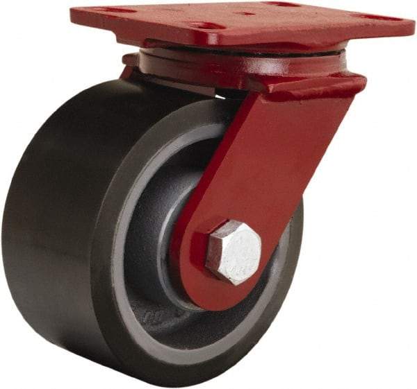 Hamilton - 6" Diam x 3" Wide x 7-1/2" OAH Top Plate Mount Swivel Caster - Polyurethane Mold onto Cast Iron Center, 2,200 Lb Capacity, Sealed Precision Ball Bearing, 4-1/2 x 6-1/2" Plate - Benchmark Tooling