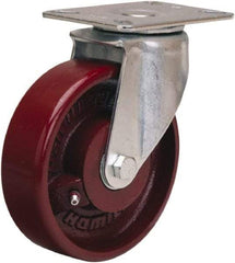 Hamilton - 5" Diam x 1-1/2" Wide x 6-3/8" OAH Top Plate Mount Swivel Caster - Cast Iron, 450 Lb Capacity, Straight Roller Bearing, 3-1/8 x 4-1/8" Plate - Benchmark Tooling