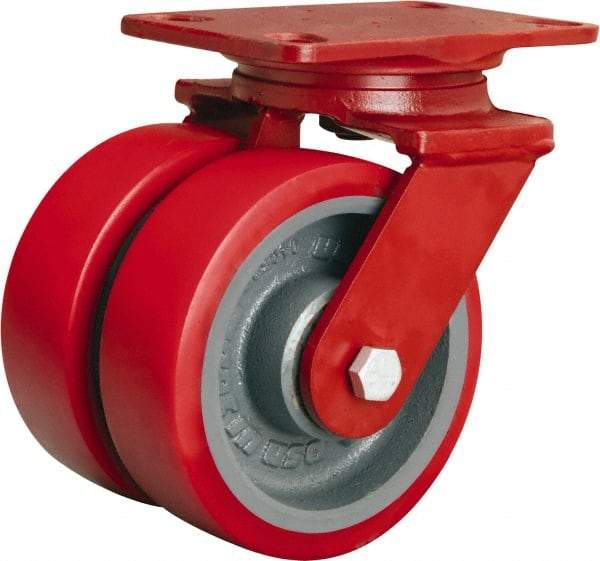 Hamilton - 6" Diam x 2" Wide x 7-3/4" OAH Top Plate Mount Swivel Caster - Polyurethane Mold on Forged Steel, 2,500 Lb Capacity, Sealed Precision Ball Bearing, 4-1/2 x 6-1/2" Plate - Benchmark Tooling