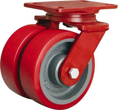 Hamilton - 6" Diam x 2" Wide x 7-3/4" OAH Top Plate Mount Dual Swivel Caster - Polyurethane Mold on Forged Steel, 2,500 Lb Capacity, Tapered Roller Bearing, 4-1/2 x 6-1/2" Plate - Benchmark Tooling