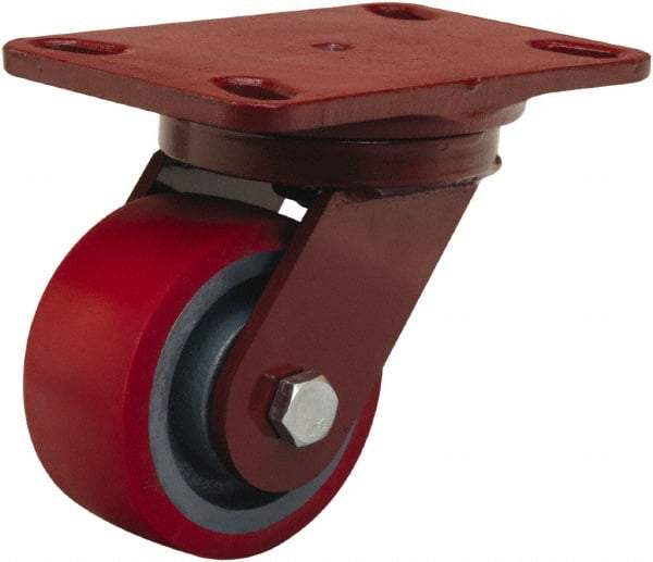 Hamilton - 4" Diam x 2" Wide x 5-5/8" OAH Top Plate Mount Swivel Caster - Polyurethane Mold on Forged Steel, 900 Lb Capacity, Sealed Precision Ball Bearing, 4-1/2 x 6-1/2" Plate - Benchmark Tooling