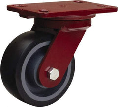 Hamilton - 5" Diam x 2" Wide x 6-3/4" OAH Top Plate Mount Swivel Caster - Polyurethane Mold onto Cast Iron Center, 1,360 Lb Capacity, Tapered Roller Bearing, 4-1/2 x 6-1/2" Plate - Benchmark Tooling