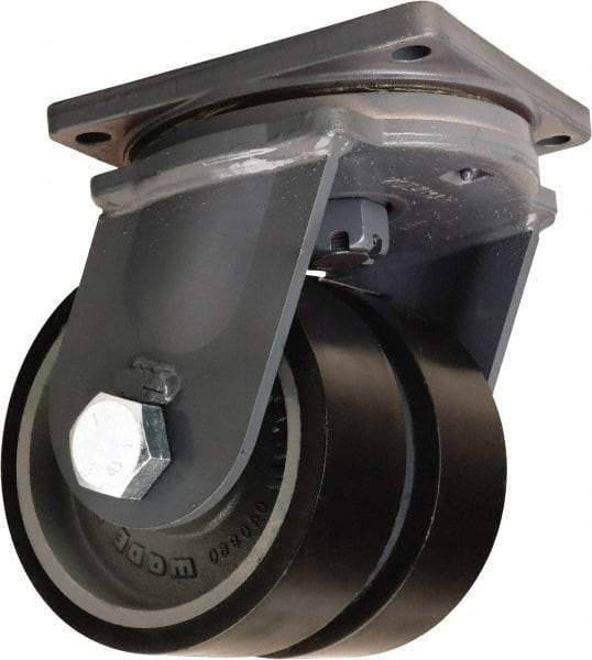 Hamilton - 8" Diam x 3" Wide x 11" OAH Top Plate Mount Dual Swivel Caster - Polyurethane Mold onto Cast Iron Center, 6,500 Lb Capacity, Tapered Roller Bearing, 8-1/2 x 8-1/2" Plate - Benchmark Tooling