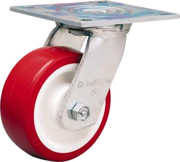 Hamilton - 5" Diam x 2" Wide x 6-1/2" OAH Top Plate Mount Swivel Caster - Polyurethane Mold on Polypropylene, 900 Lb Capacity, Straight Roller Bearing, 5 x 5-1/2" Plate - Benchmark Tooling