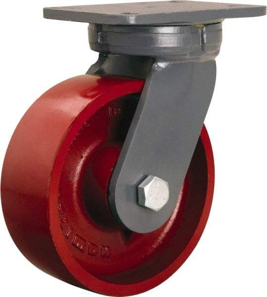 Hamilton - 8" Diam x 3" Wide x 10-1/2" OAH Top Plate Mount Swivel Caster - Cast Iron, 2,600 Lb Capacity, Tapered Roller Bearing, 5-1/4 x 7-1/4" Plate - Benchmark Tooling