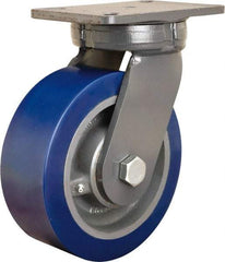 Hamilton - 8" Diam x 3" Wide x 10-1/2" OAH Top Plate Mount Swivel Caster - Polyurethane Mold on Forged Steel, 3,500 Lb Capacity, Straight Roller Bearing, 5-1/4 x 7-1/4" Plate - Benchmark Tooling