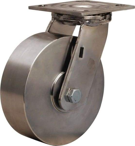 Hamilton - 6" Diam x 2" Wide x 7-1/2" OAH Top Plate Mount Swivel Caster - Forged Steel, 800 Lb Capacity, Delrin Bearing, 3-3/4 x 4-1/2" Plate - Benchmark Tooling