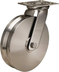 Hamilton - 8" Diam x 2" Wide, Stainless Steel Swivel Caster - 800 Lb Capacity, Top Plate Mount, 3-3/4" x 4-1/2" Plate, Delrin Bearing - Benchmark Tooling