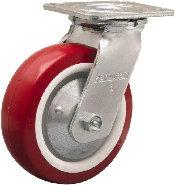 Hamilton - 6" Diam x 2" Wide x 7-1/2" OAH Top Plate Mount Swivel Caster - Polyurethane Mold on Polypropylene, 900 Lb Capacity, Straight Roller Bearing, 4 x 4-1/2" Plate - Benchmark Tooling