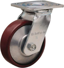 Hamilton - 5" Diam x 1-1/2" Wide x 6-1/2" OAH Top Plate Mount Swivel Caster - Cast Iron, 750 Lb Capacity, Straight Roller Bearing, 4 x 4-1/2" Plate - Benchmark Tooling