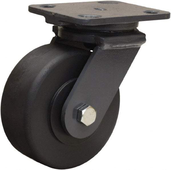 Hamilton - 5" Diam x 2" Wide x 6-1/2" OAH Top Plate Mount Swivel Caster - Nylon, 2,000 Lb Capacity, Sealed Precision Ball Bearing, 4 x 5" Plate - Benchmark Tooling