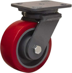 Hamilton - 5" Diam x 2" Wide x 6-1/2" OAH Top Plate Mount Swivel Caster - Polyurethane Mold on Forged Steel, 1,250 Lb Capacity, Sealed Precision Ball Bearing, 4 x 5" Plate - Benchmark Tooling