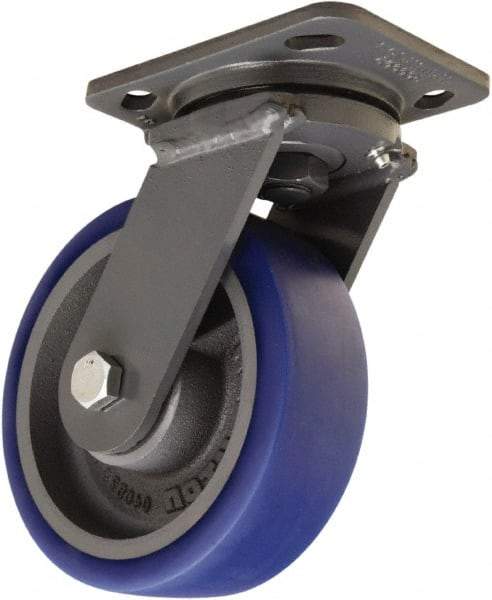 Hamilton - 6" Diam x 2" Wide x 7-1/2" OAH Top Plate Mount Swivel Caster - Polyurethane Mold onto Cast Iron Center, 960 Lb Capacity, Tapered Roller Bearing, 4 x 5" Plate - Benchmark Tooling