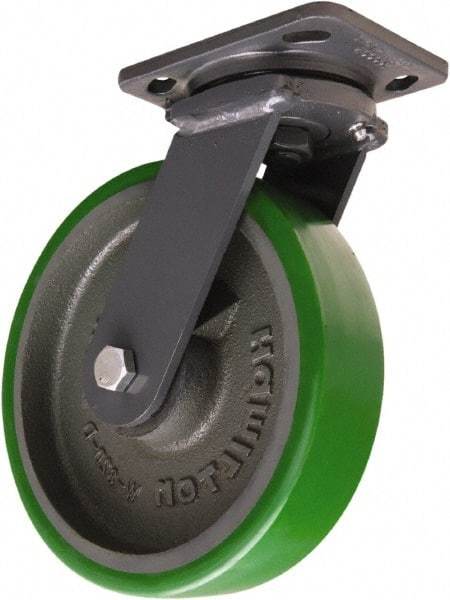 Hamilton - 8" Diam x 2" Wide x 9-1/2" OAH Top Plate Mount Swivel Caster - Polyurethane Mold onto Cast Iron Center, 1,500 Lb Capacity, Tapered Roller Bearing, 4 x 5" Plate - Benchmark Tooling