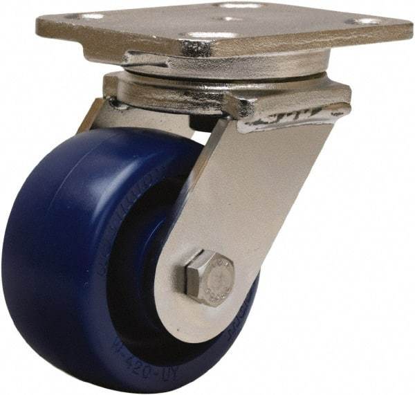 Hamilton - 4" Diam x 2" Wide x 5-5/8" OAH Top Plate Mount Swivel Caster - Polyurethane, 750 Lb Capacity, Delrin Bearing, 4 x 5" Plate - Benchmark Tooling