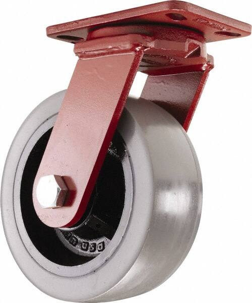 Hamilton - 8" Diam x 3" Wide x 10-1/4" OAH Top Plate Mount Swivel Caster - Polyurethane, 3,200 Lb Capacity, Sealed Precision Ball Bearing, 4-1/2 x 6-1/2" Plate - Benchmark Tooling