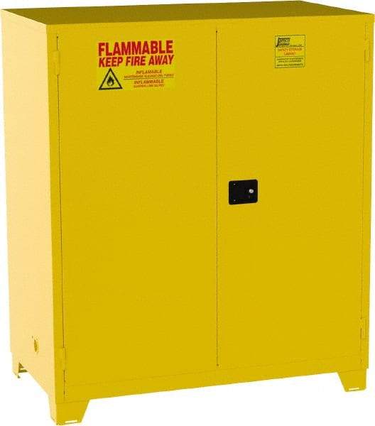 Jamco - 2 Door, 2 Shelf, Yellow Steel Double Wall Safety Cabinet for Flammable and Combustible Liquids - 70" High x 34" Wide x 59" Deep, Manual Closing Door, 3 Point Key Lock, 120 Gal Capacity - Benchmark Tooling