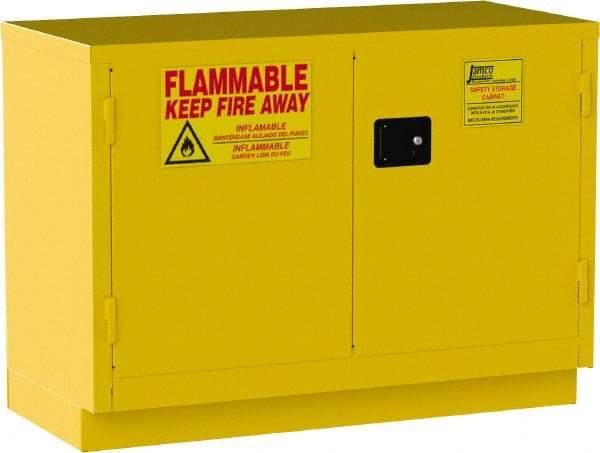 Jamco - 2 Door, 1 Shelf, Yellow Steel Double Wall Safety Cabinet for Flammable and Combustible Liquids - 35" High x 22" Wide x 48" Deep, Manual Closing Door, 3 Point Key Lock, 30 Gal Capacity - Benchmark Tooling