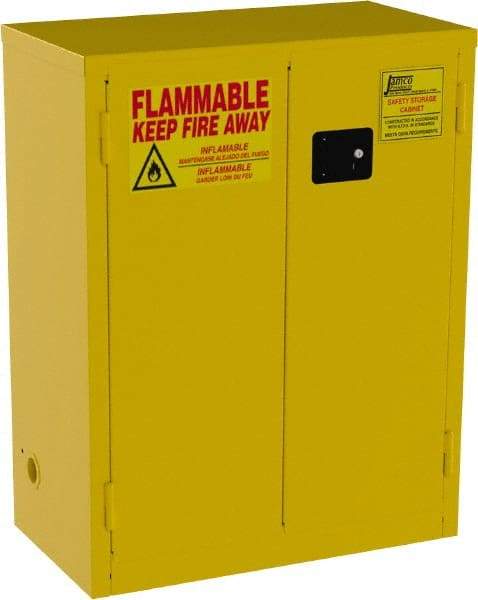 Jamco - 2 Door, 2 Shelf, Yellow Steel Double Wall Safety Cabinet for Flammable and Combustible Liquids - 44" High x 18" Wide x 34" Deep, Self Closing Door, 3 Point Key Lock, 28 Gal Capacity - Benchmark Tooling