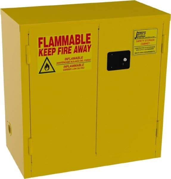 Jamco - 2 Door, 1 Shelf, Yellow Steel Double Wall Safety Cabinet for Flammable and Combustible Liquids - 35" High x 18" Wide x 34" Deep, Self Closing Door, 3 Point Key Lock, 22 Gal Capacity - Benchmark Tooling