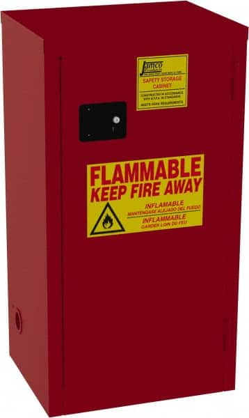 Jamco - 1 Door, 3 Shelf, Red Steel Double Wall Safety Cabinet for Flammable and Combustible Liquids - 44" High x 18" Wide x 23" Deep, Manual Closing Door, 3 Point Key Lock, 24 Gal Capacity - Benchmark Tooling