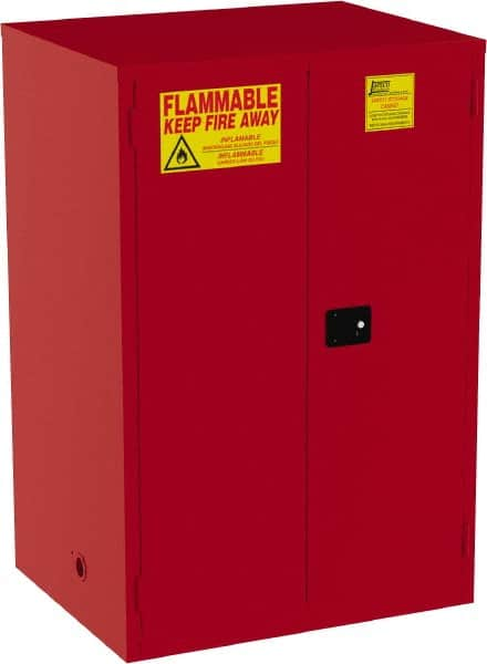 Jamco - 2 Door, 5 Shelf, Red Steel Double Wall Safety Cabinet for Flammable and Combustible Liquids - 65" High x 34" Wide x 43" Deep, Self Closing Door, 3 Point Key Lock, 120 Gal Capacity - Benchmark Tooling