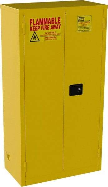Jamco - 2 Door, 3 Shelf, Yellow Steel Double Wall Safety Cabinet for Flammable and Combustible Liquids - 65" High x 18" Wide x 34" Deep, Manual Closing Door, 3 Point Key Lock, 44 Gal Capacity - Benchmark Tooling