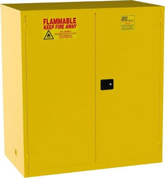 Jamco - 2 Door, 2 Shelf, Yellow Steel Double Wall Safety Cabinet for Flammable and Combustible Liquids - 65" High x 34" Wide x 59" Deep, Manual Closing Door, 3 Point Key Lock, 120 Gal Capacity - Benchmark Tooling