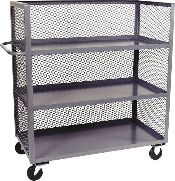 Jamco - 3,000 Lb Capacity, 3 Shelf, 3-Sided Steel Mesh Stock Truck - 24" Long x 36" Wide x 57" High, 6" Diam Phenolic Wheels - Benchmark Tooling