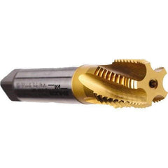 Emuge - 3/4-14 NPT, 5 Flutes, TiN Coated, Cobalt, Interrupted Thread Pipe Tap - 3-1/4 Inch Overall Length, 29/32 Inch Shank Diameter, 1.38 Inch Thread Length, 0.67 Inch Square Size, Modified Bottoming Chamfer, Series KEG - Benchmark Tooling