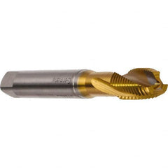 Emuge - M5x0.80 Metric 3 Flute 6H Modified Bottoming Spiral Flute Tap - Cobalt, TiN Finish, 70mm OAL, Right Hand Flute, Right Hand Thread, Series Rekord DF - Exact Industrial Supply
