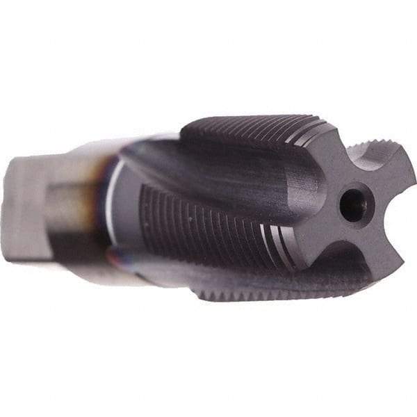 Emuge - 1-1/4 - 11-1/2 NPTF, 10° Helix, 6 Flutes, Modified Bottoming Chamfer, Bright Finish, Cobalt, Spiral Flute Pipe Tap - Right Hand Flute, 1-5/16" Shank Diam, 1-3/4" Thread Length, 0.984" Square Size, Series KEG - Exact Industrial Supply