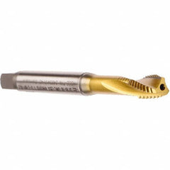 Emuge - #10-32 UNF 3 Flute 2BX Modified Bottoming Spiral Flute Tap - Cobalt, TiN Finish, 2.756" OAL, Right Hand Flute, Right Hand Thread, Series Rekord D - Exact Industrial Supply