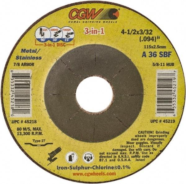 Camel Grinding Wheels - 36 Grit, 7" Wheel Diam, 3/32" Wheel Thickness, 7/8" Arbor Hole, Type 27 Depressed Center Wheel - Medium Grade, Aluminum Oxide, Resinoid Bond, 8,600 Max RPM - Benchmark Tooling