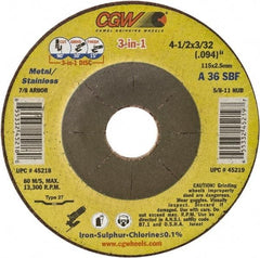 Camel Grinding Wheels - 36 Grit, 7" Wheel Diam, 3/32" Wheel Thickness, 7/8" Arbor Hole, Type 27 Depressed Center Wheel - Medium Grade, Aluminum Oxide, Resinoid Bond, 8,600 Max RPM - Benchmark Tooling