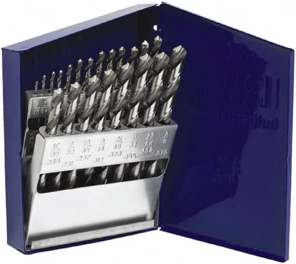 Drill Bit Set: Jobber Length Drill Bits, 21 Pc, 0.0625″ to 0.375″ Drill Bit Size, 135 °, Cobalt Bright/Uncoated, Split-Point, Straight Shank