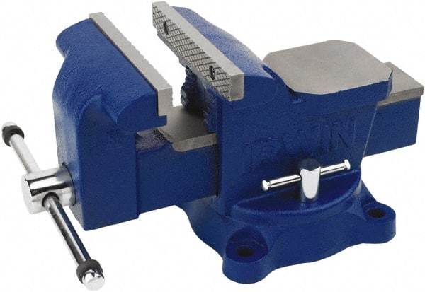 Irwin - 6" Jaw Width, 5" Opening Capacity, 3" Throat Depth, Steel Swivel Bench Vise - Bolt Down Base Attachment, Anvil - Benchmark Tooling